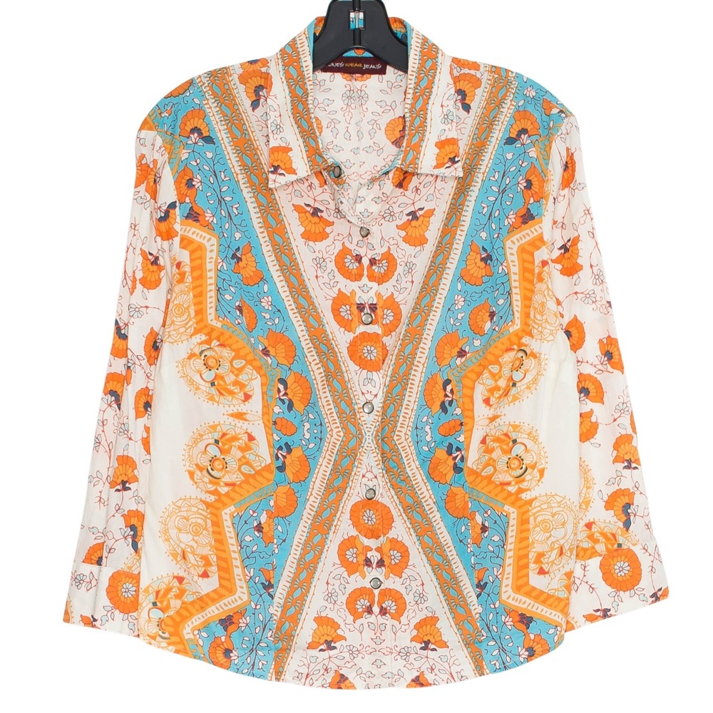 Top Floral 70s Boho Western Pearl Snap Hippie Festival Retro Country Size Large